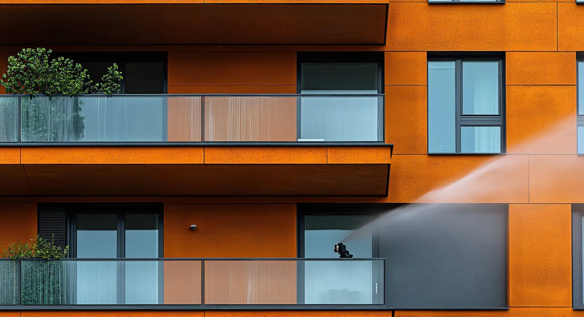 High-Pressure Washing of Apartment Building Exterior Walls and Window Frames with Water Jet for Cleaning