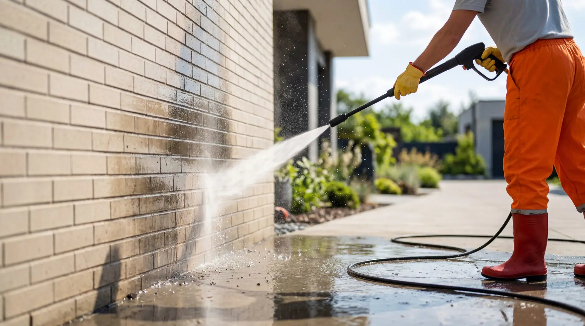 Pressure-washing-brickwork on a house